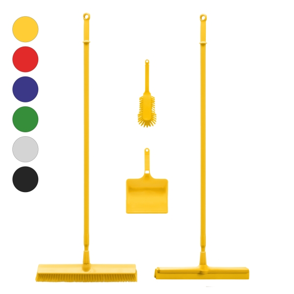 Large broom, water squeegee, dustpan and hand broom yellow